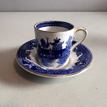 Vintage Burleigh Ware Willow Flat Demitasse Cup and Saucer Gold Gilt England 