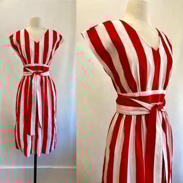Vintage 80s Dress / Striped + Corset Waist + Obi Belt + Pockets / Cotton Pique / Cover-Up Poolside / David Brown 