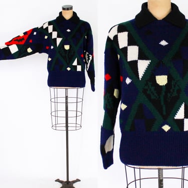 1980s GeometricPullover Sweater | 80s Navy & Green Op Art Cotton Sweater | BEREK New York | Large 