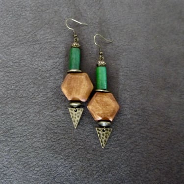 Earth toned wooden earrings, hexagon earrings, bold earrings, statement earrings, ethnic earrings, rustic natural earrings, antique bronze 7 