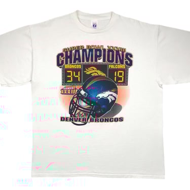 Vintage 1999 Logo 7 Denver Broncos Football NFL Super Bowl XXXIII Champions Scoreboard Graphic T-Shirt Size XL 