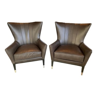 Caracole Modern Taupe Leather So Welt Done Wingback Chairs Pair