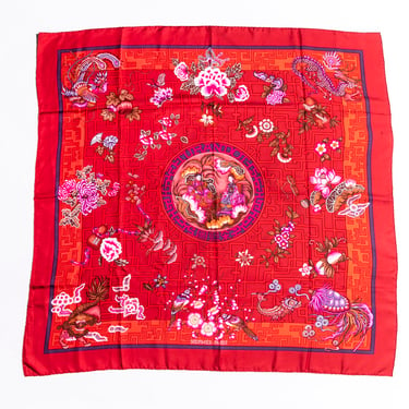 HERMES Red Japanese Print Silk Scarf