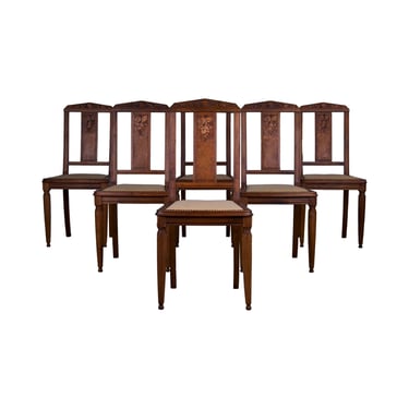 1930s French Art Deco Walnut Dining Chairs W/ Beige Velvet - Set of 6 