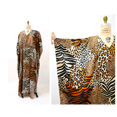 80s 90s Vintage Animal Print Dress Caftan Kaftan Beach Cover Up Large XL PLUS SIZE // Vintage Leopard Print Caftan Kaftan Dress Large xl 