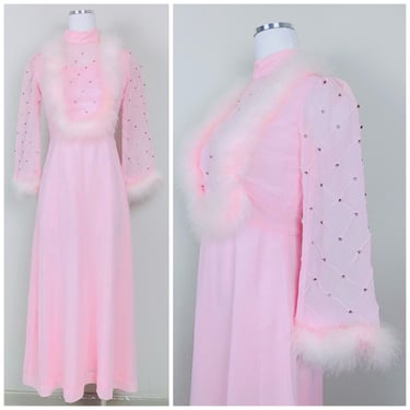 1960s Vintage Pink Chiffon Bell Sleeve Feather Dress/ 60s / Sixties Rhinestone Beaded Sheer Sleeve Maxi Gown /  Size Small - Medium 