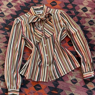 70s vertical striped long sleeve button up blouse with pussy bow detachable neck tie Rhodes California 