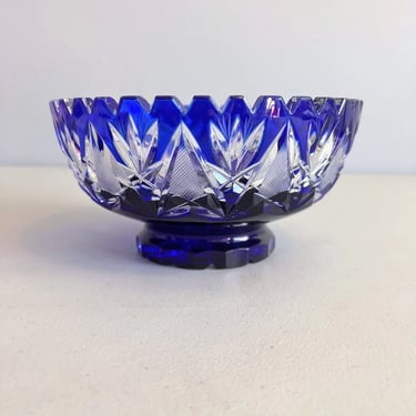 Vintage Czech Bohemia Crystal Cut To Clear Cobalt Blue Bowl Footed Bowl 