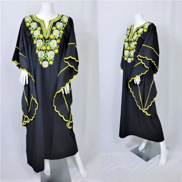 1970's Mexican Embroidered Black Cotton Floral Caftan Dress I Kaftan I Sz Sm -Med I Yellow 