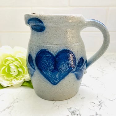 Vintage 1989 Rowe Pottery Works Salt Glazed Heart Blue and Gray Stoneware Pitcher Jar. by LeChalet