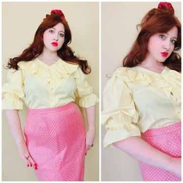 1980s Malco Modes Pastel Yellow Ruffled Shirt / 80s Lolita Poly Cotton Milk Maid Blouse / Large 