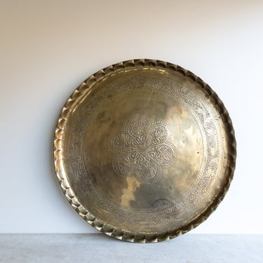 Large 22” Brass Engraved Vintage Tray Kashmir India Tabletop Round Serving Brass Leaf Motif Hanging Wall Art Chunar Leaves World Gift India 