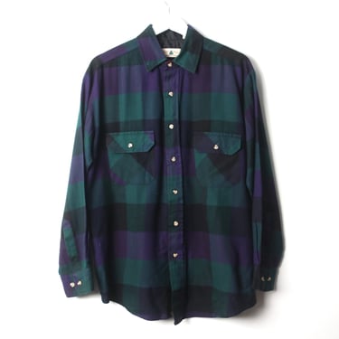 vintage 1980s 90s FLANNEL green & purple men's button down shirt - size medium 