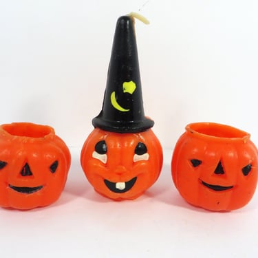 Vintage GURLEY Halloween Jack O Lantern with Hat Pumpkin Candle and JOL Candy Holders 