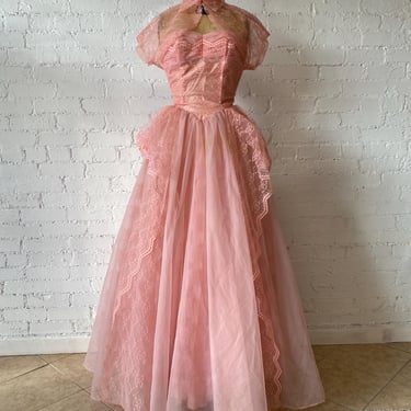 Vintage 1950s pink tulle and lace party dress, 50s strapless cupcake dress with bolero, prom wedding formal, small 26 waist, mcm 