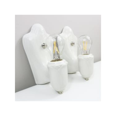 Refurbished Porcelier Ivory Wall Sconces for Bath - PAIR - 1930's - Leaf & Vein Design - Rewired for Hard Wire Use - Ready to Hang 