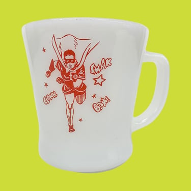 Vintage Batman with Robin The Boy Wonder Mug Retro 1960s Mid Century + Anchor Hocking/Fire King + White Milk Glass + DC Comic + MCM Kitchen 