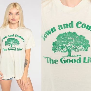 Town and Country Shirt The Good Life T-Shirt Retro Tree Nature Graphic Tee Single Stitch Off White Green Vintage 1980s Screen Stars Large L 
