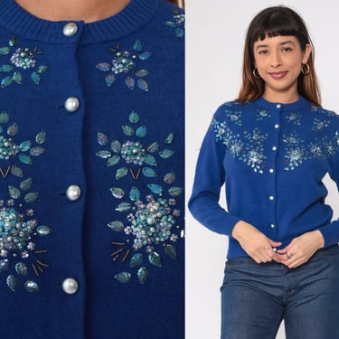 Beaded Floral Cardigan 80s Blue Wool Pearl Button up Knit Sweater Sparkly Flower Leaf Rhinestone Boho Chic Glam Jumper Vintage 1980s Small S 