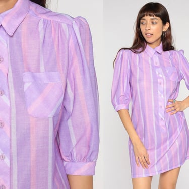 Striped Mini Dress 80s Pink Purple Button Up Puff Sleeve Retro Girly Boho Secretary Pastel Shirtdress Day Minidress Vintage 1980s Medium 