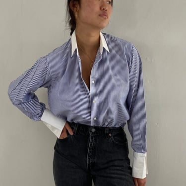 90s pinstriped blouse / vintage blue striped pinstripe cotton contrast white collar French cuffs blouse shirt | Large 