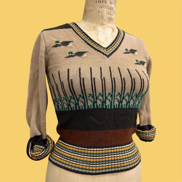 Vintage Sweater Retro 1970s Size Small + Acrylic + Mallard Ducks + Tan + Brown + Stripes + V-Neck + Pullover + Novelty + Unisex Apparel 