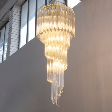 Large Italian Gold Frame and Transparent Murano Glass Pendants Chandelier, Made in Italy 1970s height 95cm 