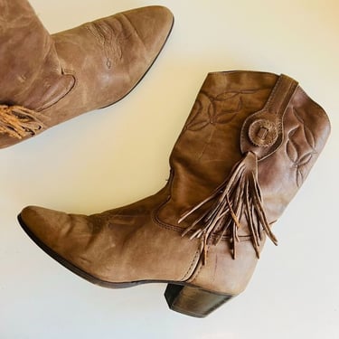 Laredo 90s Brown Genuine Leather USA Made Mid Cald Fringe Western Boots 