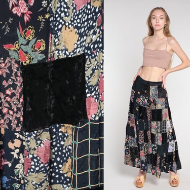 Patchwork Broomstick Skirt 90s Black Floral Velvet Floral Maxi Skirt Retro Witchy Hippie Flower Print 1990s Vintage Small Medium Large XL 