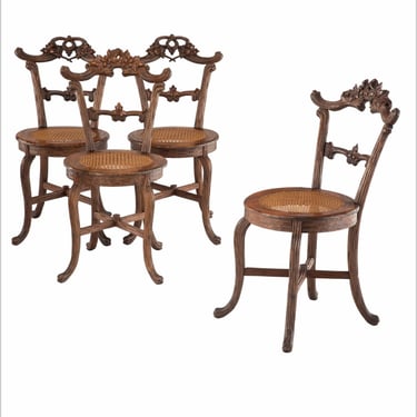 Set of 4 Antique Black Forest Carved Wood Side Chairs, German, 19th Century 