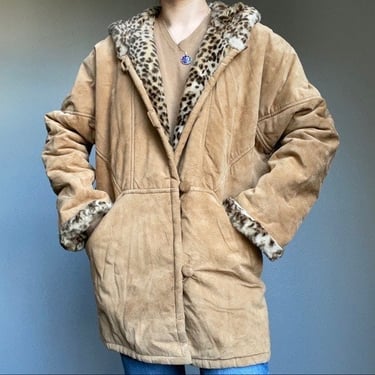 Vintage 90s Brown Genuine Leather Faux Leopard Cheetah Fur Shearling Jacket Sz L 