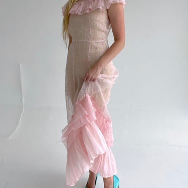 1930's Floral Embroidered Pink Organza Gown