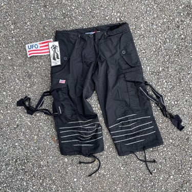 Vintage Y2K cropped UFO low rise parachute pants | drawstring, embroidered silver stars, XS/XXS 
