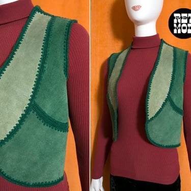 Fantastic Vintage 70s Green Suede Patchwork Vest 