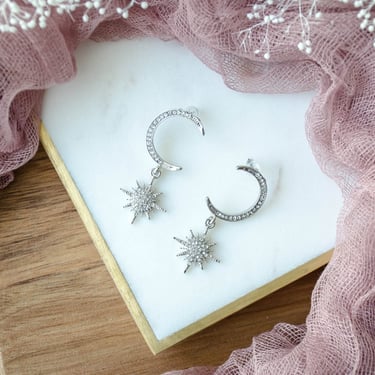 silver celestial earrings, silver crescent moon and star earrings, north star earrings, celestial jewelry, boho hippie crystal jewelry 