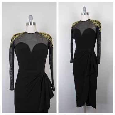 Vintage 1980s Tadashi dress body con illusion statement evening party cocktail bombshell 