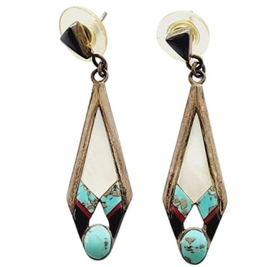 Vintage Navajo Earrings Russ Rockbridge Silver Turquoise Mother of Pearl 