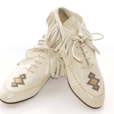 Rare Vintage 1980s Moccasin Oxford Shoes | Ivory Off White Bone | Size 8 