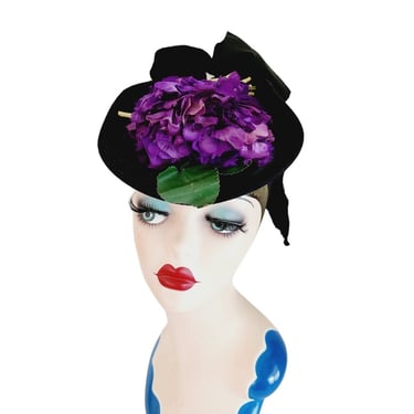 Vintage 30s Saucer Top Hat Purple Flowers New York Creation 