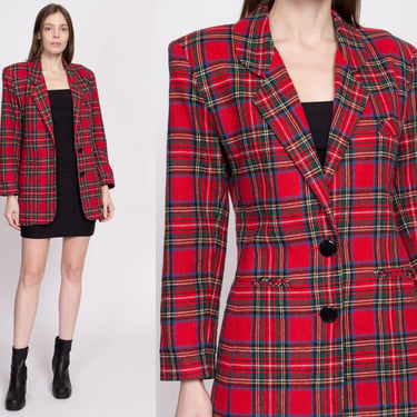 S| 80s Red Wool Plaid Blazer - Small | Vintage Button Up Sport Coat Long Jacket 