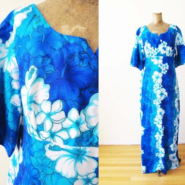 Vintage 70s Hawaiian Bark Cloth Mumu Dress Large  - 1970s Blue Hibiscus Long Tropical Empire Waist Maxi Kaftan Dress 
