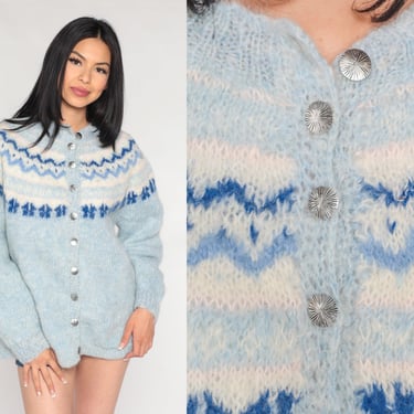 Icelandic Mohair Cardigan Sweater 70s Baby Blue FAIR ISLE Cardigan Boho Pastel Nordic Sweater Vintage Bohemian 1970s Button Up Large L 