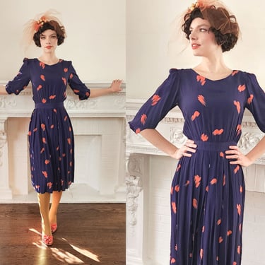 80s Does 40s Rayon Print Dress in Navy Blue and Coral Orange - S 