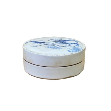 Chinese Blue White Porcelain Prawn Graphic Round Box Display ws2016E 