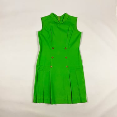 1960s Lime Green Dress with Gold Button Details / Mod / Drop Waist / Pleats / Medium / Large / Brady / Psychedelic / Neon / Bright / M / L 