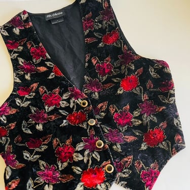 Vintage 90s Floral Velour Rose Button Front Fitted USA Made Vest 