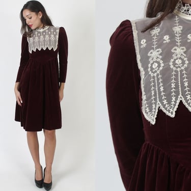 Gunne Sax Maroon Velvet Dress, Jessica McClintock Victorian Holiday Party Outfit, Lace Detailed Neckline 