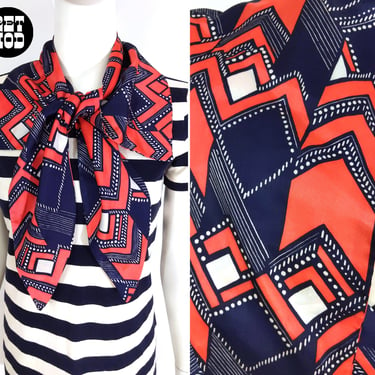 Unique & Fabulous Vintage 60s 70s Reddish and Navy Blue Geometric Printed Scarf Thingy 