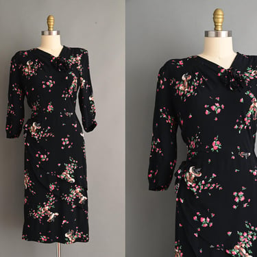 vintage 1940s Dress | Young Hearted Navy Blue Rayon Floral Print Dress | Large XL 