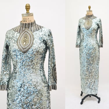 60s Vintage Blue Silver Sequin Gown Dress Long Sleeve Wool Sequin Gown Gene Shelly's Boutique Internationale Sequin Dress Size Small Medium 